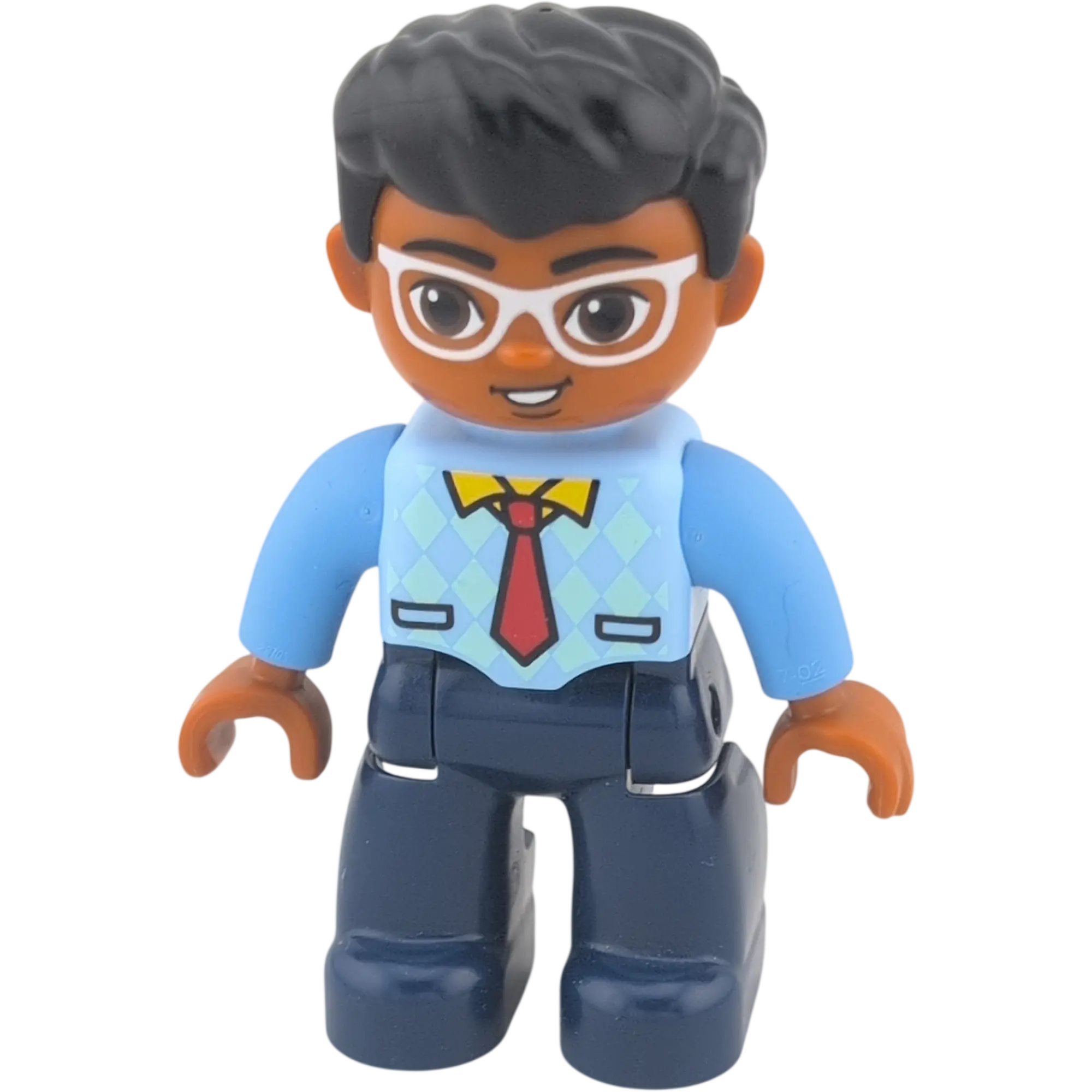 Lego Duplo 4555 Mann Oberteil hellblau rote Krawatte, gelber Kragen, Brille, schwarze Haare, West kariert